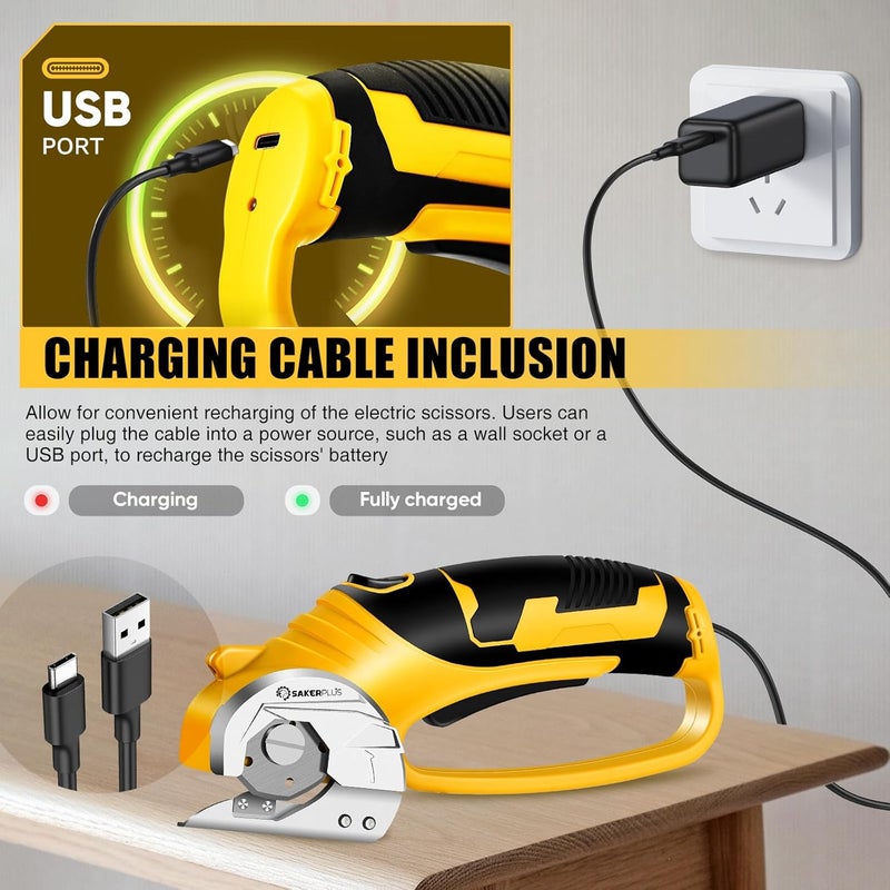 SakerPlus Cordless Electric Scissors, 4V Cardboard Cutter, Box Cutter - 2 Blades, 1 Storage Bag, Safety Lock & LED Light, Rechargeable Power Rotary Cutter for Box Carpet Fabric Plastic Leather - Image 5